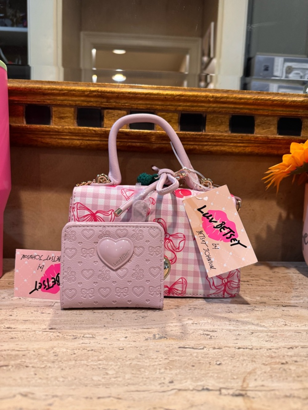 Betsey Johnson Pink Gingham Bow Mini Satchel